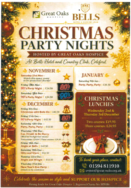 Christmas Party Nights @ Bells Hotel, Coleford. 01594 811910 or events@great-oaks,org.uk